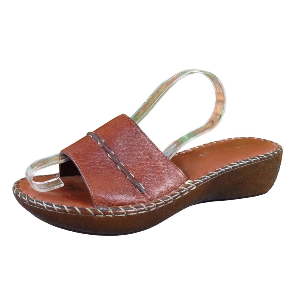 Next Women Leather Wedge Slide Sandals Size 8 Casual Summer Brown Whipstitch